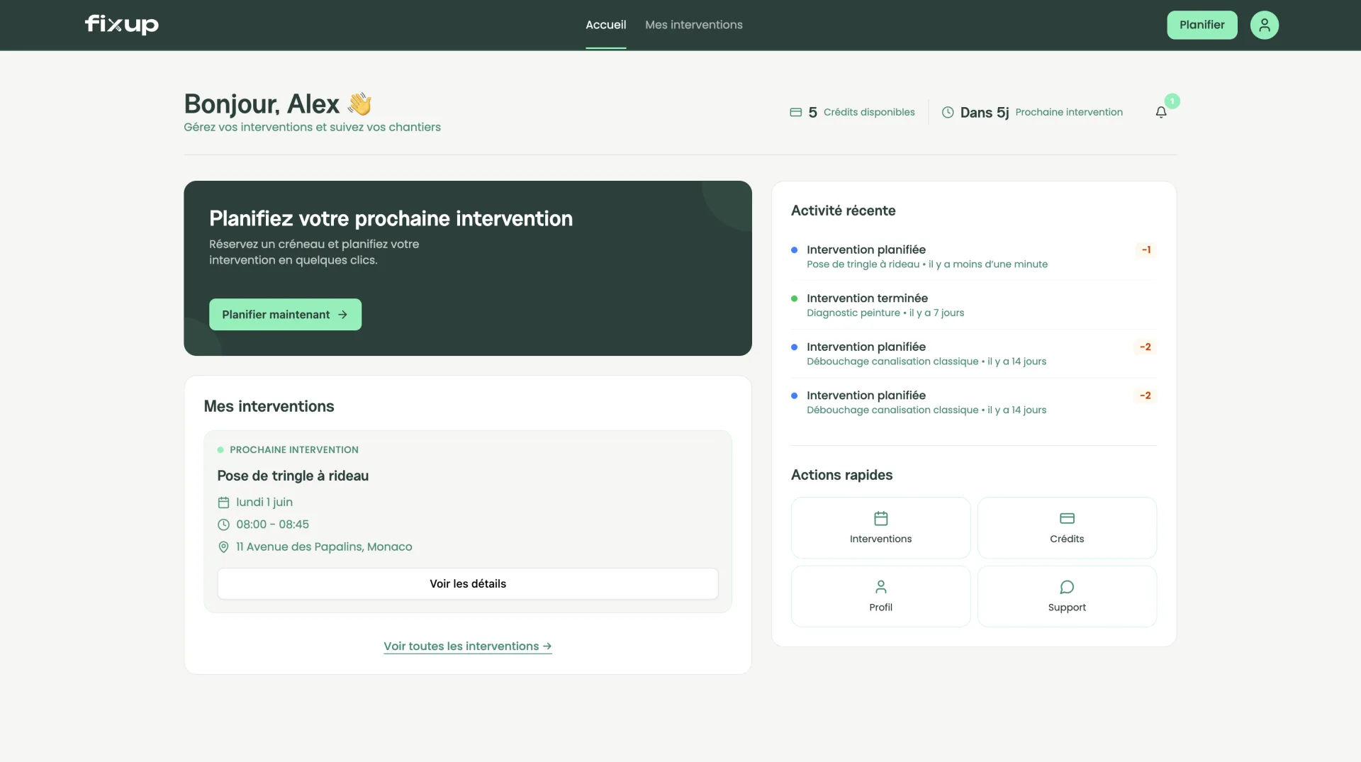 Aperçu de l’interface de réservation Fixup